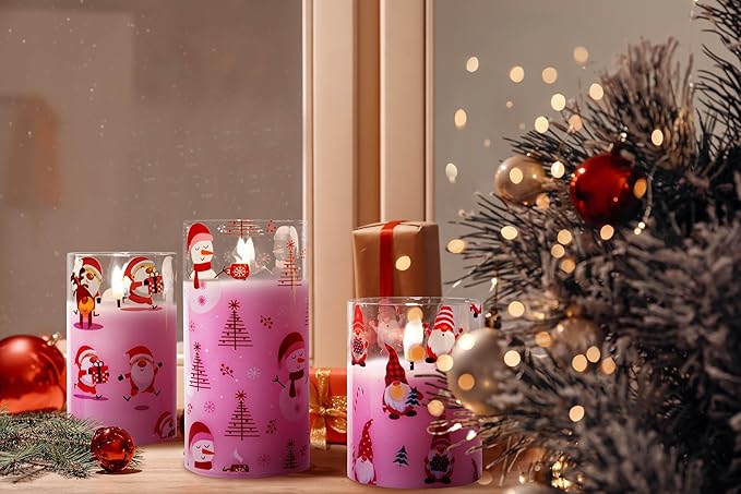 Eywamage Pink Christmas Flameless Pillar Candle with Remote, Flickering Gnomes Santa Glass LED Candles Battery Operated Set of 3