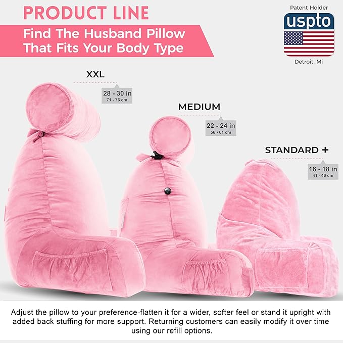 Husband Pillow XXL – Reading Pillow Bed Chair with Arms & Back Support – Pink - Back Pillow for Beds Sitting Up – Bed Rest Arm Pillow – Comfy Reading Pillow for Adults