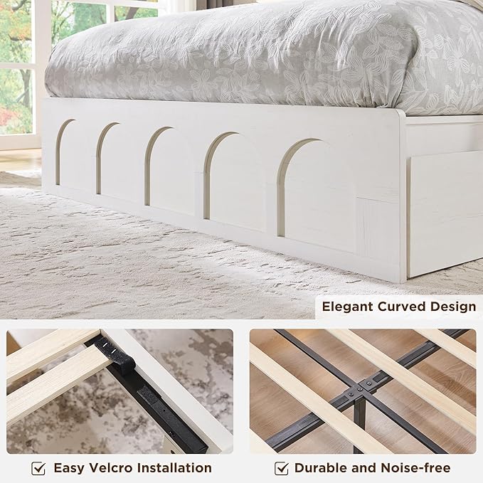 ACCOHOHO Queen Size Bed Frame Modern with 52" Tall Arched Recessed Headboard and 4 Drawers, Solid Wood Slats Support, Wood Platform, Noise Free, No Box Spring Needed, Antique White