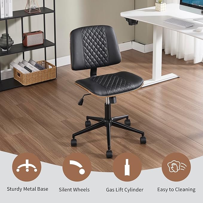 Small Home Office Chair - Armless Mid Back Desk Chair with 360° Swivel and Wheels, PU Upholstered Height Adjustable Modern Walnut Computer Chair for Home, Office Meeting Room - Black