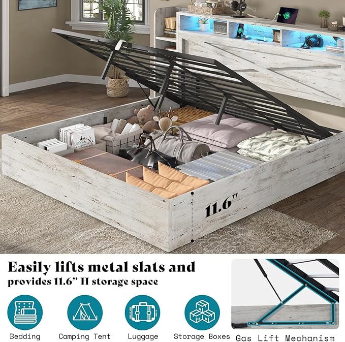 AMERLIFE King Size Lift Up Storage Bed Frame, 45.1" LED Bed Frame with 2 Side Shelves & Bookcase Headboard, Farmhouse Wood Platform Bed with Charging Station, No Box Spring Needed, Distressed White
