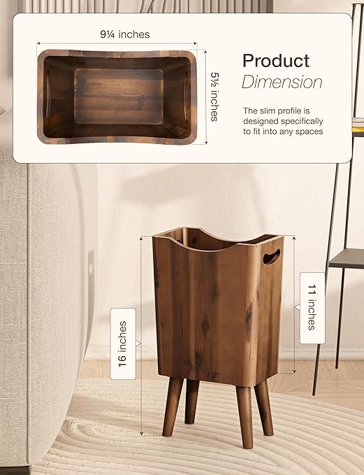 2 Gallons Wooden Trash Can 4 Legs - Acacia Wooden Bin, Wood Bathroom Accessories - Small Bin, Waste Basket for Bedroom, Office Garbage Can - Bathroom Trash Can, Patent Pending (Walnut Color)