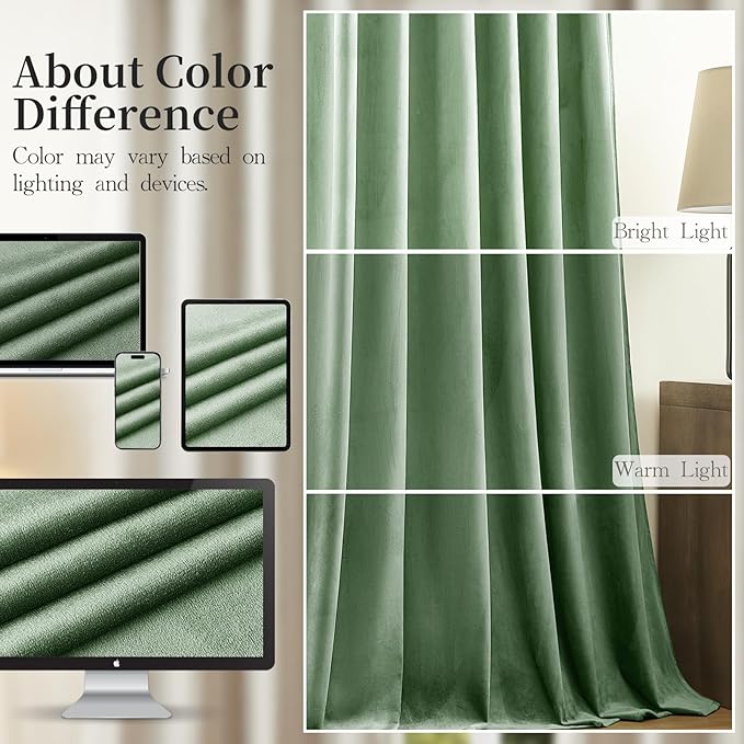 Sage Green Velvet Curtains for Bedroom, Thermal Insulated Room Darkening Luxury Blackout Curtains 90 Inches Long Back Tab Rod Pocket Window Drapes for Living Room Nursery, W52 x L90, 2 Panels