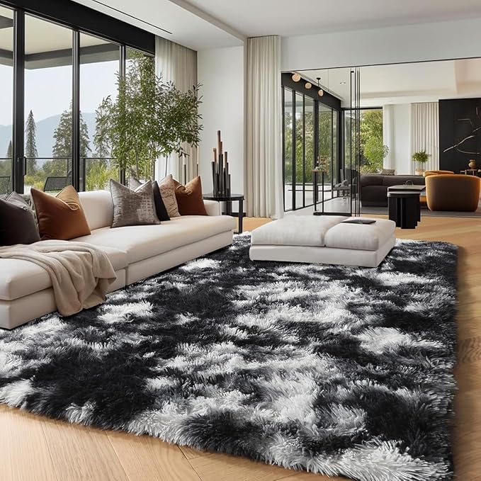 PAGISOFE 9x12 Area Rugs Living Room, Extra Large Black White Grey Machine Washable Rugs for Bedroom Fluffy Indoor Rugs for Kids Room Classroom Dorm Room Aesthetic Shaggy Carpet Plush Modern Cool Rug