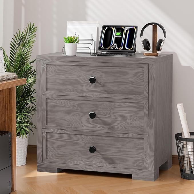 COWMOU Nightstand with Drawers 3 Drawer Night Stand with Charging Station Farmhouse Style Large Bed Side Table Wooden Dresser for Bedroom Living Room (1, Grey Grain)