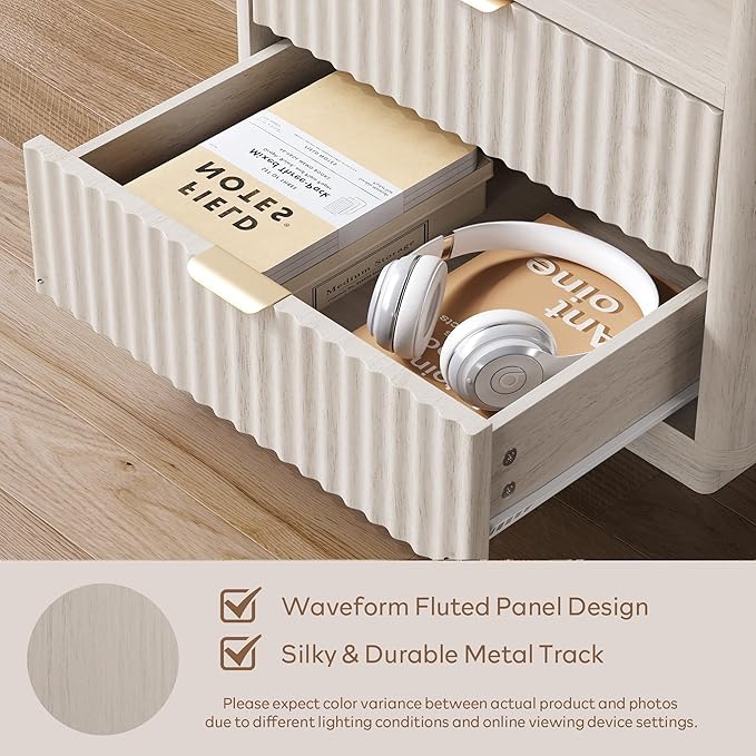 Fluted Nightstands Set of 2 - Nightstand with 2 Drawers & Open Shelves, 22" Wide Large Bedside Stand Modern Storage Wooden Side Tables for Bedroom (Oak White)