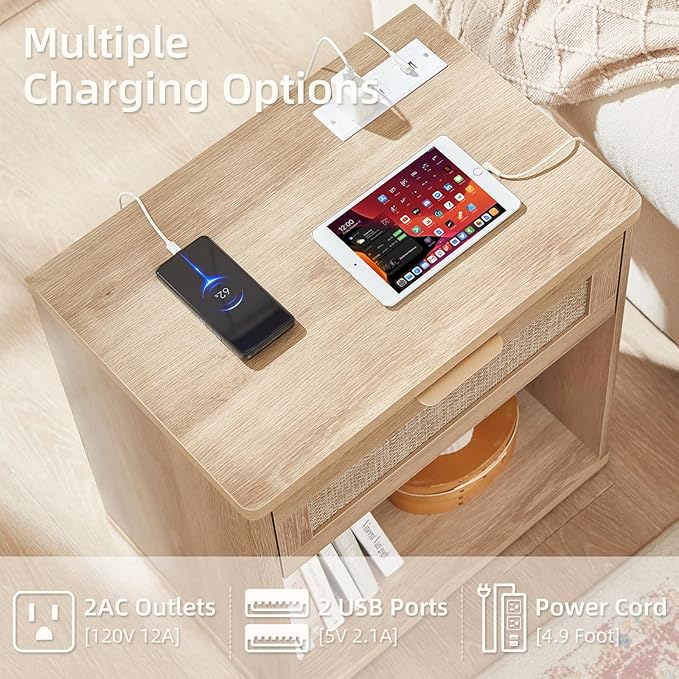 LEYAOYAO Rattan Nightstands Set of 2 with Charging Station, Natural Wood Night Stand with Drawer, 23" Wide Boho Bedside Table with Storage Shelf, Bed Side End Tables for Bedroom, Living Room, Hallway