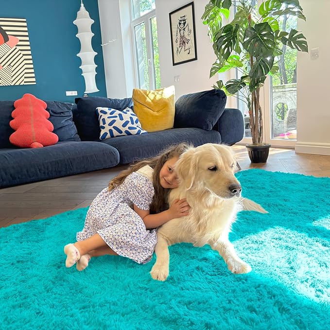 OLANLY 2x3 Machine Washable Small Bedside Rug, Soft Fluffy Shaggy Entryway Throw Rugs for Bedroom, Living Room, Indoor Floor Carpet for Kids Girls Boys, Nursery Rooms, Home Decor Aesthetic, Teal Blue