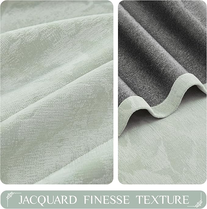Beauoop Green Floral Jacquard Blackout Curtains 90 Inches Long 2 Panels for Bedroom Living Room Sage Flower Chenille Room Darkening Thermal Insulated Soundproof Grommet Window Treatments Drapes, 52x90