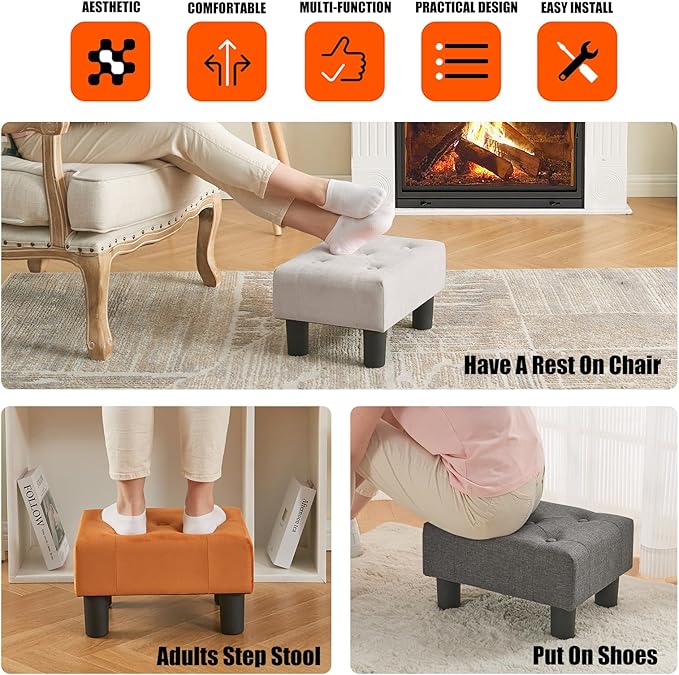 BRIAN & DANY Small Foot Stool, Velvet Foot Stools with Legs, Stable Small Footstool for Living Room, Milky White