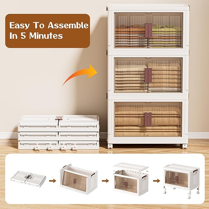 60GAL/240QT 4 tier large stackable storage bins with lid and wheels, collapsible storage bins plastic with doors，suit for clothes, closet, home and office