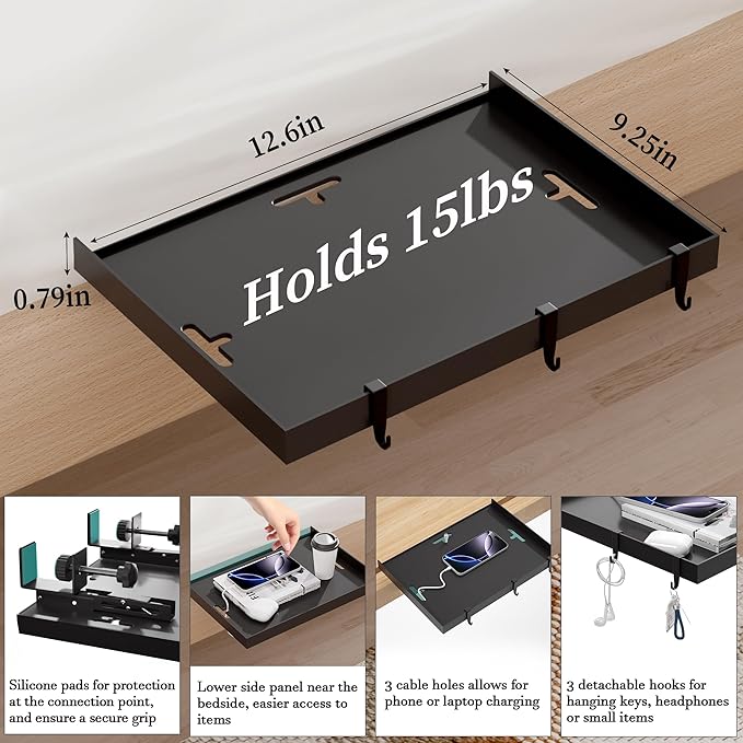 Foldable Bedside Shelf, Metal Clip-On Bed Tray Table for Bunk Bed & Dorm Beds, Dorm Room Essentials Organizer for College Students, Floating Tray, Space Saving Nightstand for Loft Beds (Black, Small)