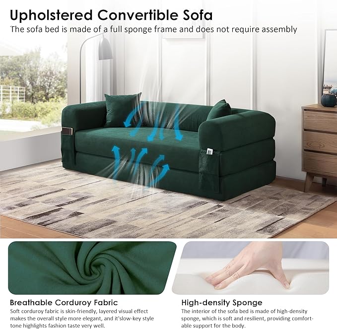 80" Convertible Sofa Bed, 3-in-1 Corduroy Folding Pull Out Couch with Pillows, No Assembly Modern Boneless Couch Compression Sofa in Box, Floor Sofa with Side Storage Pocket for Living Room,Dark Green