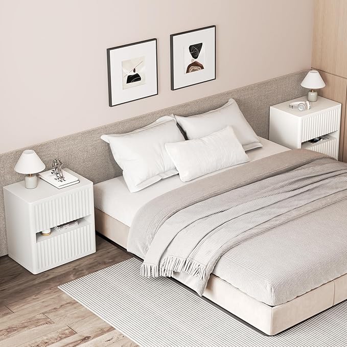 Dripex Fluted Nightstand with 2 Drawers, Large Wide Wood Night Stand Bedside Tables for Bedroom, Mid-Century Modern Storage Bed Side Table, End Tables for Living Room Sofa Couch, White, Set of 2
