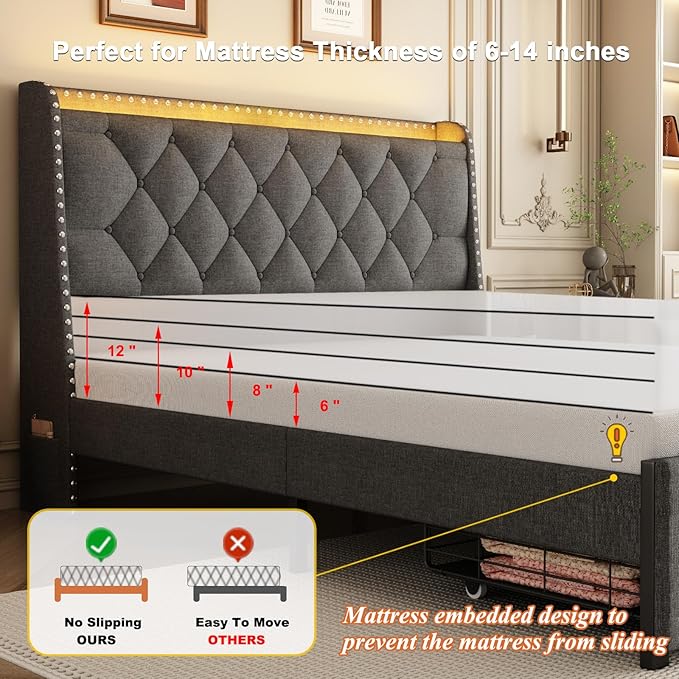 Full Size Bed Frames with Storage Headboard and 2 Drawers, Upholstered Button Linen Platform Bed Frame Full with Led Lights and Charging Station, No Box Spring Needed, Easy Assembly, Noise Free, Gray