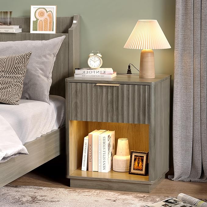 VINGLI Night Stand with Charging Station & Led Light, 19" W Fluted Nightstand Round Edge, Wood Nightstand Mid Century Modern End Table, Bed Side Table for Bedroom, Living Room, Gray Oak