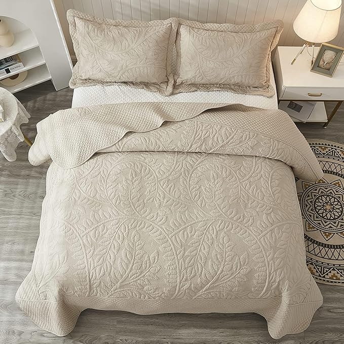 MarCielo 3-Piece 100% Cotton Oversized Bedspread Lightweight Quilt Coverlet Embroidery Farmhouse Bedding Set T0 (Yellowish Beige, Oversized King (118"x106"))