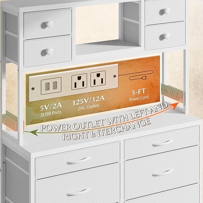 EnHomee 62.8" H Dresser for Bedroom with 14 Fabric Drawers,White Dresser with Charging Station and LED Lights,Dressers & Chests of Drawers for Bedroom, Steel Frame & Wooden Top, Entryway