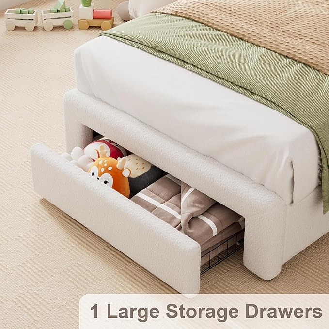 Twin LED Bed Frame with Storage Headboard & Charging Station, Kids Bed Frames with Bookcase, Teddy Fleece Upholstered Platform Bed Frames with 1 Storage Drawer, No Box Spring Needed, Beige