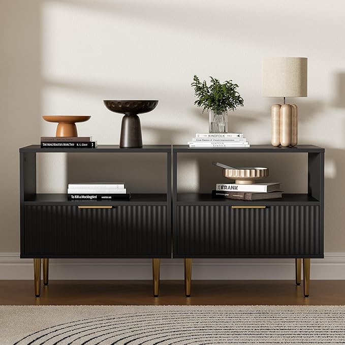 Nightstand with Drawer, End Table with Storage, Bed Side Table with Open Space for Bedroom, Modern Nightstand with Golden Handle, Side Night Stand for Bedroom, Living Room, Black