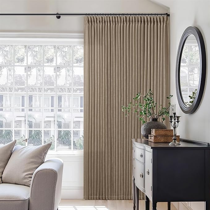 Pinch Pleated Neutral Linen Curtains 84 Inches Long 2 Panels Set for Living Room Dining Pinch Pleat Back Tab Light Filtering Farmhouse Boho Retro Window Curtain Drapes 84 Inch Length Latte Tan Brown
