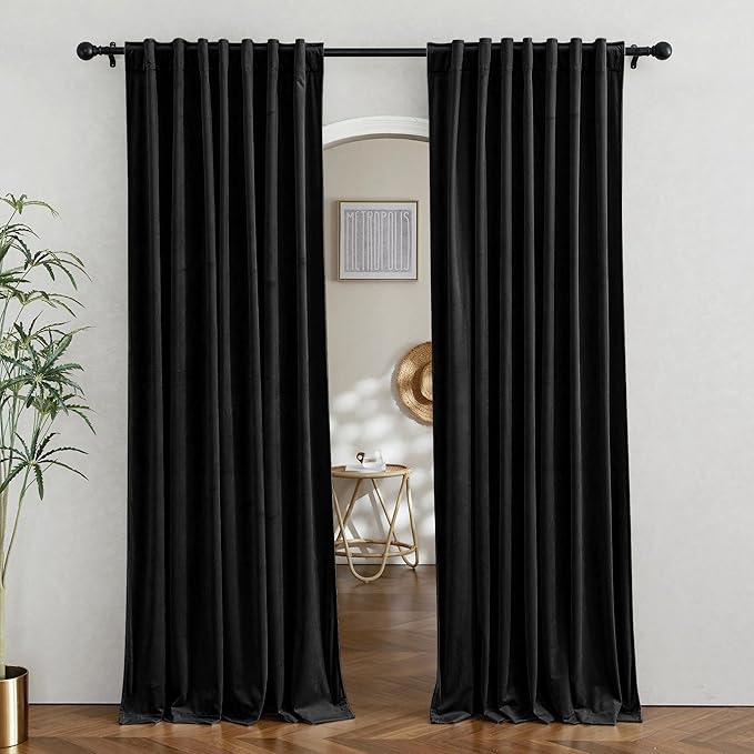 RYB HOME Velvet Room Divider Curtains for Space Separation, Blackout Noise Reduce Barrier for Nursery, Large Window Curtains for Sliding Glass Door, Black, W 62 x L 84, 2 Panels Set