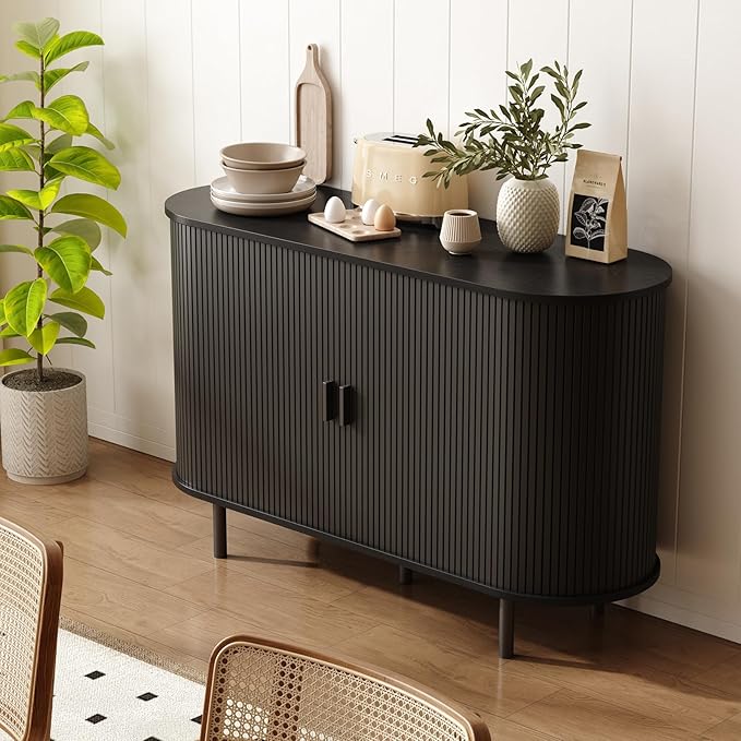 ONBRILL 48" Sideboard Buffet Cabinet with Storage, Storage Cabinet with Sliding Door & Adjustable Shelf, Modern Accent Coffee Bar Console Table for Kitchen, Entryway, Black