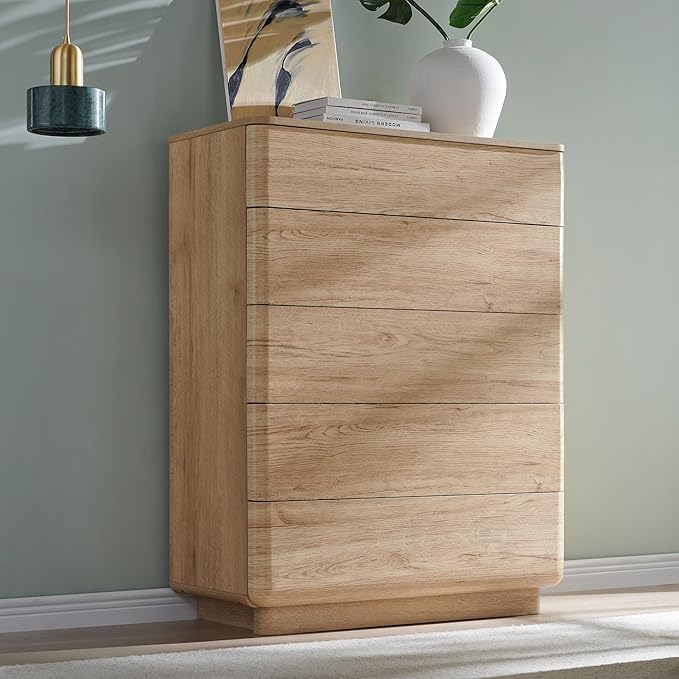 ACCOHOHO Modern 5 Drawer Dresser for Bedroom, 42" Tall Wooden Dressers with Large Storage,Handleless Chest of Drawers for Living Room & Hallway, Curved Profile Design, Natural Oak