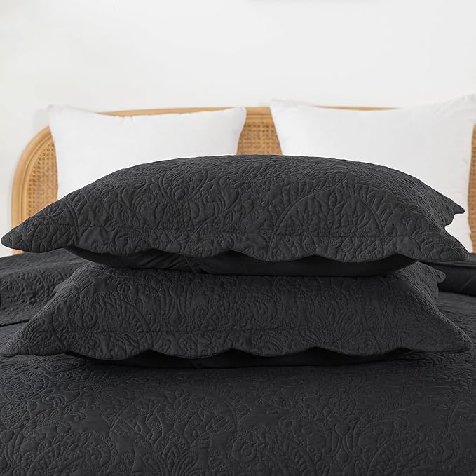 HoneiLife Quilt Sets King Size - Microfiber Bedspreads for King Bed, 3-Piece Lightweight Coverlets, Retro Bedlinen Sets, King Quilt Bedding Set All Season Use-Black