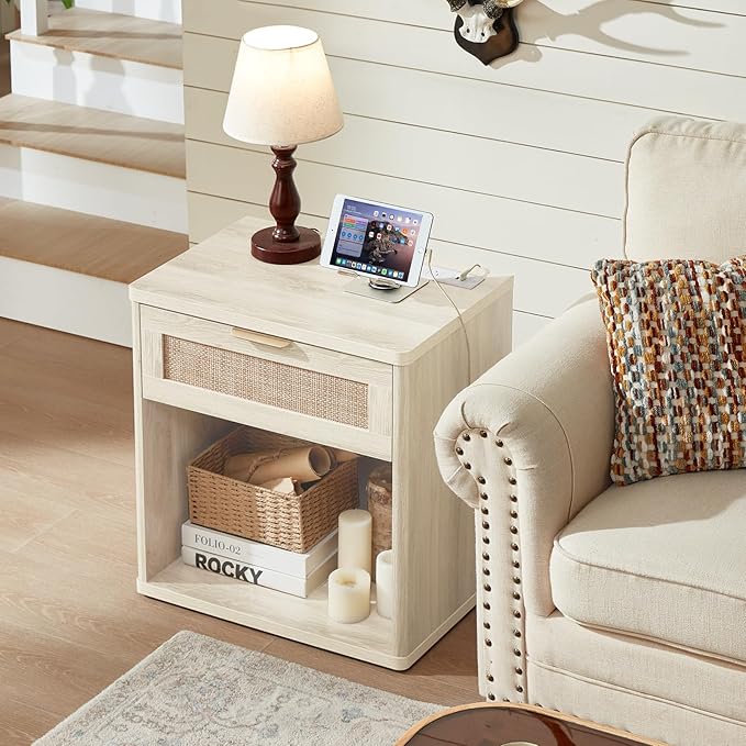 LEYAOYAO Rattan Nightstand with Charging Station, Grey White Night Stand with Drawer, 23" Wide Boho Bedside Table with Storage Shelf, Bed Side End Tables for Bedroom, Living Room, Hallway