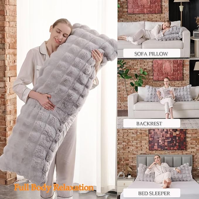 Luxury Shaggy Faux Fur Body Pillow,Fluffy Bed Pillow with Zipper Closure,Soft Decorative Plush Full Long Pillows,Fuzzy Hug Pillow for Living Room Side Sleeper & Pregnancy 20"x54" Grey Chocolate