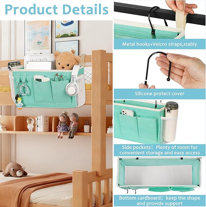 Loghot Bedside Caddy/Bedside Storage Bag Hanging Organizer for Bunk and Hospital Beds,Dorm Rooms Bed Rails,Can be Placed Glasses,Books,Mobile Phones,Keys (Green)