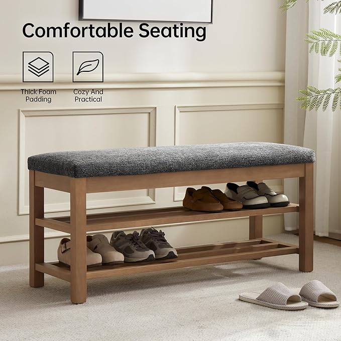 VKNOW 44.3” Wooden Entryway Bench, 2-Tier Upholstered Shoe Bench for Bedroom, Storage End of Bed Bench with Rubberwood Legs for Living Room, Hallway, Black