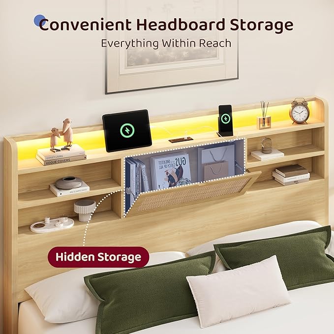 Queen Size Rattan Bed Frame with 4 Storage Drawers and Hidden Storage Headboard Wooden Platform Bed Frame with LED Lights and Charging Station, No Box Spring Needed, Easy Assembly, Natural