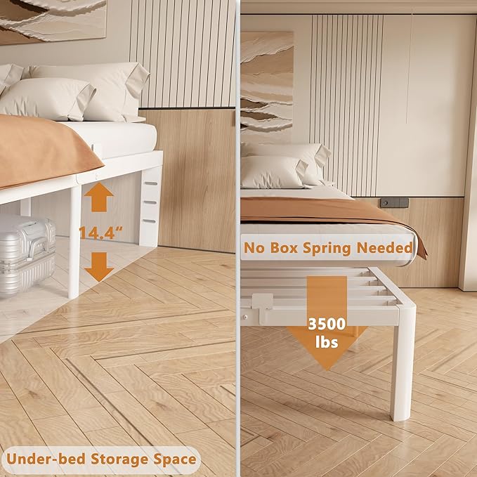 16 Inch Full Bed Frames, Platform Bed with Metal Gaskets, No Box Spring Needed, Anti-Slip Mattress Stopper, Heavy Duty Steel Slat Support, Round Corner Leg, Easy Assembly, White