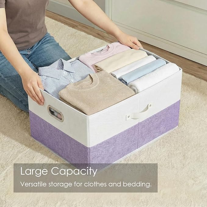 PRANDOM Collapsible Storage Bins with Lids [3-Pack] Linen Fabric Foldable Storage Boxes Organizer Containers Baskets Cubes with Cover for Bedroom Closet Nursery Purple&White (23.4X15.9X11.4)