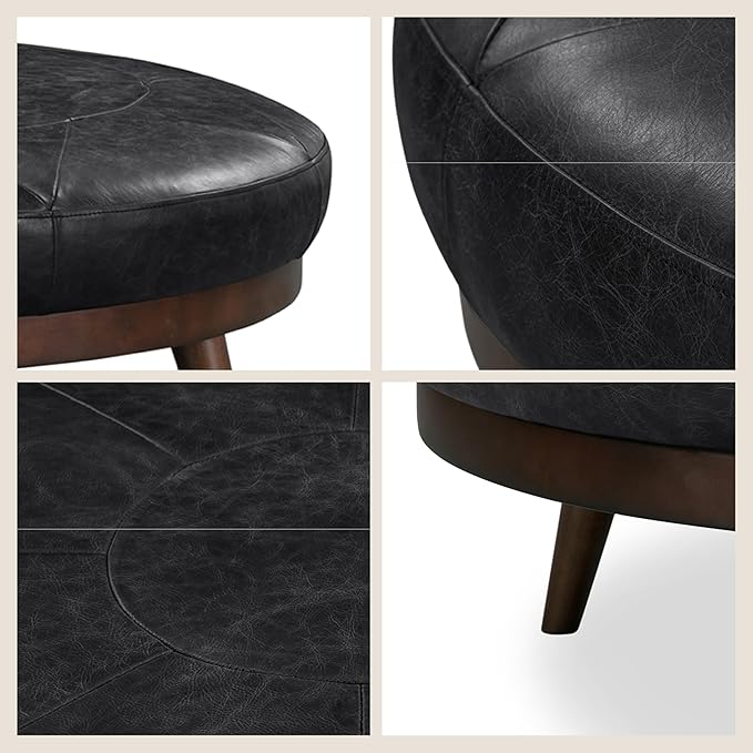 POLY & BARK Gio Ottoman – 30” Round with Feather-Down Topper – Full-Grain Leather Upholstery – Couch Ottoman for Living Room – Italian Leather in Onyx Black