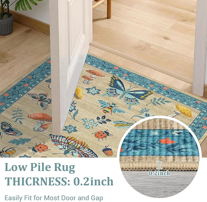 Mushroom Insect 8x10 Area Rugs, Washable Rugs for Living Room Non Slip Stain Resistant Low Pile Modern Butterfly Carpet for Bedroom Dining Room Nursery Playroom Office, Khaki Blue