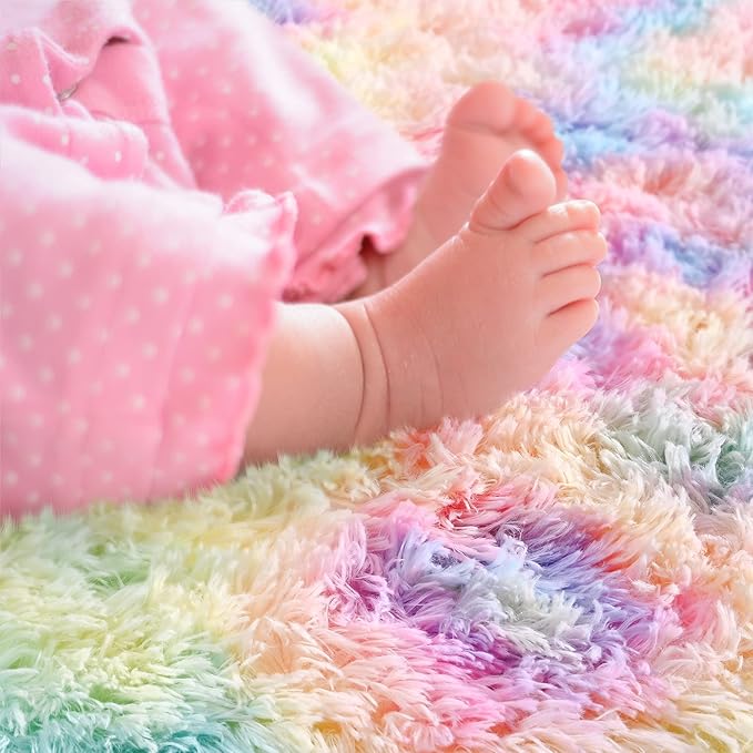 Noahas Fluffy Rainbow Rugs for Bedroom Girls,2'X5' Oval Throw Rug for Kids Room,Shag Hallway Runner Rug,Small Soft Shaggy Bedside Non-Slip Plush Nursery Dorm Carpet Home Decor