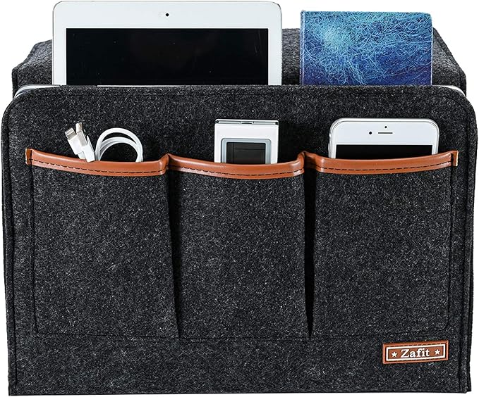 Bedside Caddy, Large Size Storage Organizer with 6 Pockets for Magazine, Remotes, Phone (13.4'' x 18.1'', Dark Grey)