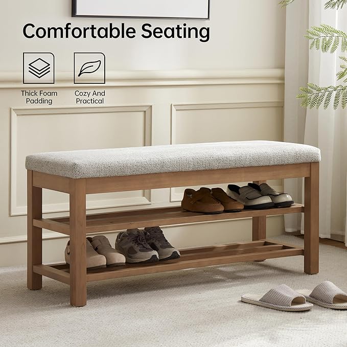 VKNOW Entryway Bench, 44.3” Upholstered Shoe Bench for Bedroom, 2-Tier Storage End of Bed Bench with Rubberwood Legs for Living Room, Hallway, Beige