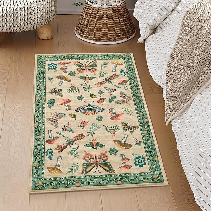 Mushroom Small Rug 2x3 Washable Door Mat Indoor Rugs for Entryway Non-Slip Soft Ultra-Thin Stain Resistant Foldable Rugs Kitchen Bedroom Living Room Khaki Green