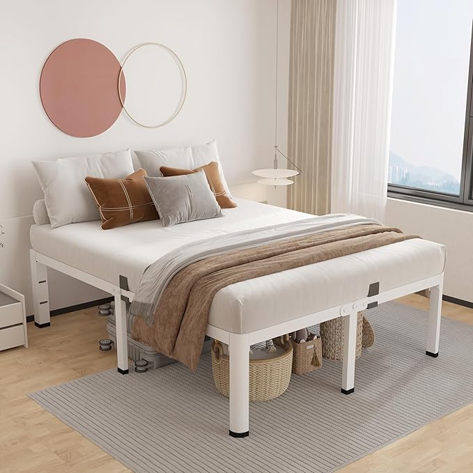 ROIL 20 Inch White King Bed Frame with Rounded Corner and Headboard Hole Mattress Retainers, 3500LBS Heavy Duty Steel Slats No Box Spring Needed Platform Noise-Free Easy Assembly