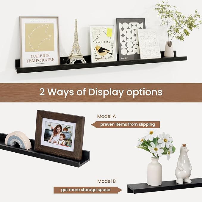 Picture Ledge Shelf, Floating Shelves Set of 2, 32 Inches Solid Wood Nursery Book Shelves for Toys Storage, Kids Bookshelf Wall Mounted for Living Room Bedroom Decor Books Photo Frames, Black