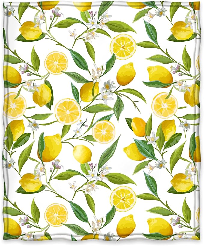 Jekeno Lemon Floral Blanket Yellow Fruits Green Leaves Print Gifts for Women Kids Girls Home Bedroom Living Room Decor Soft Cozy Lightweight Throw Blankets White 60"x80"