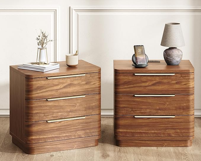 Nightstand Bedside Table with 3 Storage Drawers, 24" Tall Wood Night Stand with Charging Station, Modern Wide End Table Side Table W/Metal Handle Curved Profile for Bedroom