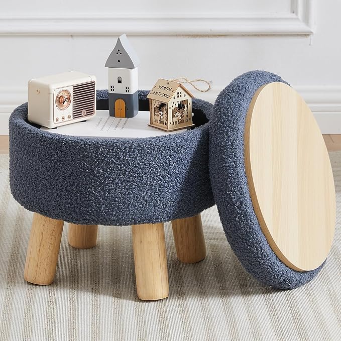 FIMIVIBI Small Foot Stool Ottoman with Storage, Sherpa Ottoman Foot Rest for Couch, Round Footstool with Storage, Small Ottomans and Footstools for Living Room and Entryway (Navy Blue)
