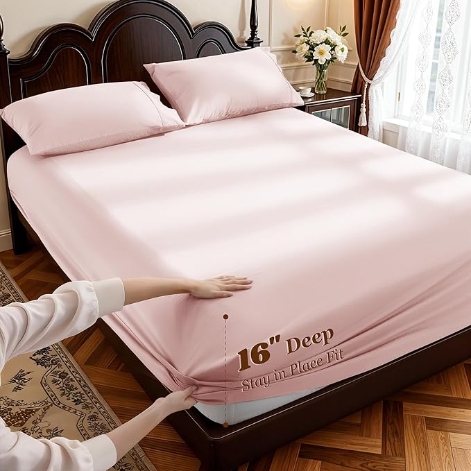 LBRO2M 1000 Thread Count 100% Egyptian Cotton Sheets Set King Size, 4 Piece Sets Bed Sheet Deep Pocket Sheet Set 16" Soft Comfortable All Season (King, Pink)
