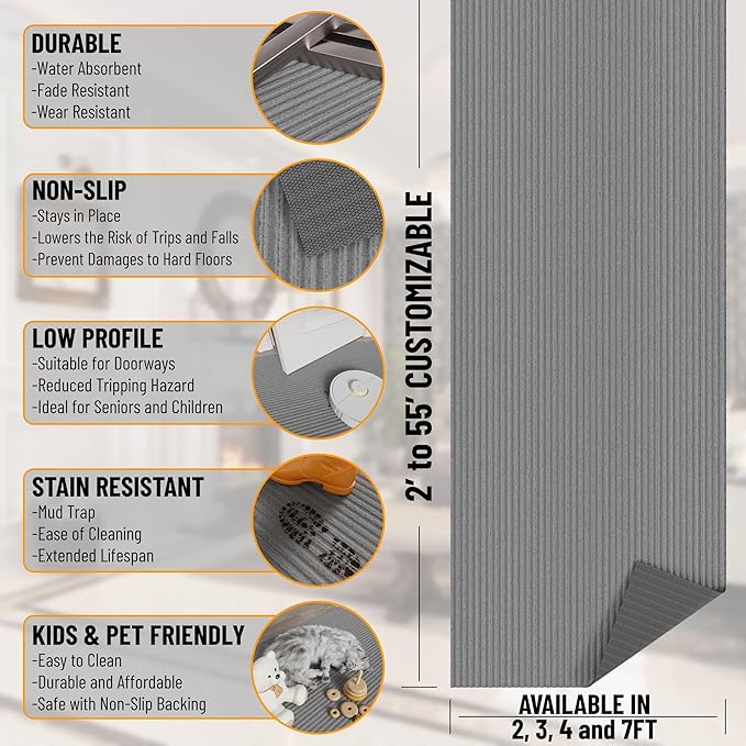 Ottomanson 2'7" x 16' Hallway Runner with Scraper Pile - Extra Durable Non-Slip Rug Mat for Indoor & Outdoor Use - Ideal for Kitchen, Entryway & Garage - High-Traffic Carpet, Gray