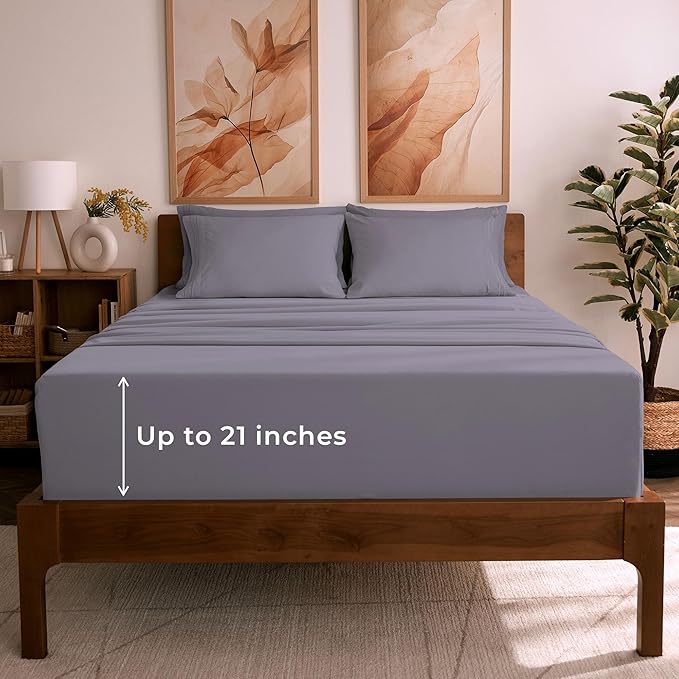 Mellanni California King Sheet Set - 6-Piece Iconic Collection Bedding, (Including 4 Pillowcases), 21-Inch Extra Deep Pocket, Easy Care, Ultra Soft, Cooling Sheets, Brushed Microfiber - Hazy Lilac